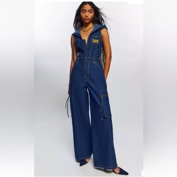 Urban Outfitters LeeAngel Chen Denim Coverall Jumpsuit Hooded Zipper Cargo